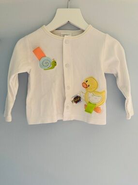 Taggies White Baby Sweater with Yellow Duck and Green Snail Appliques